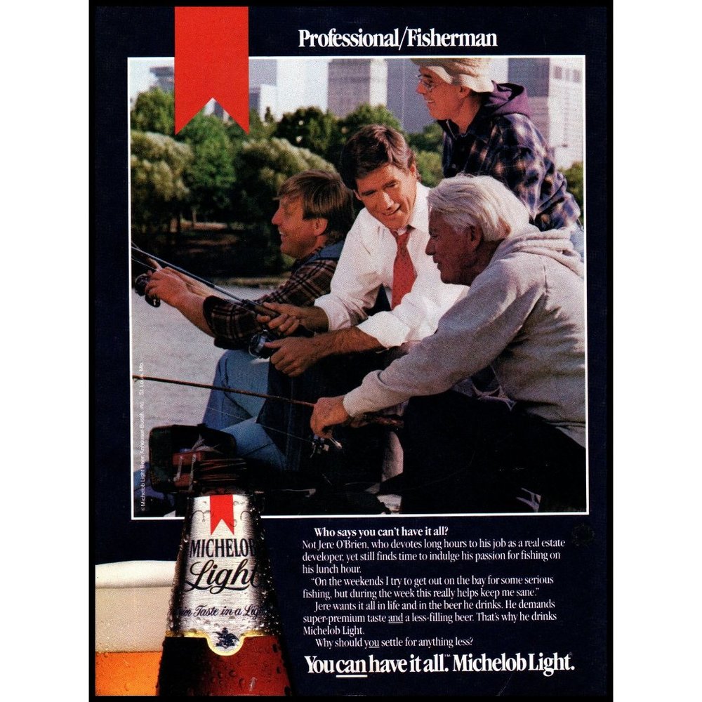 1985 Michelob Light Beer Vintage Print Ad Professional Fisherman Wall Art Decor